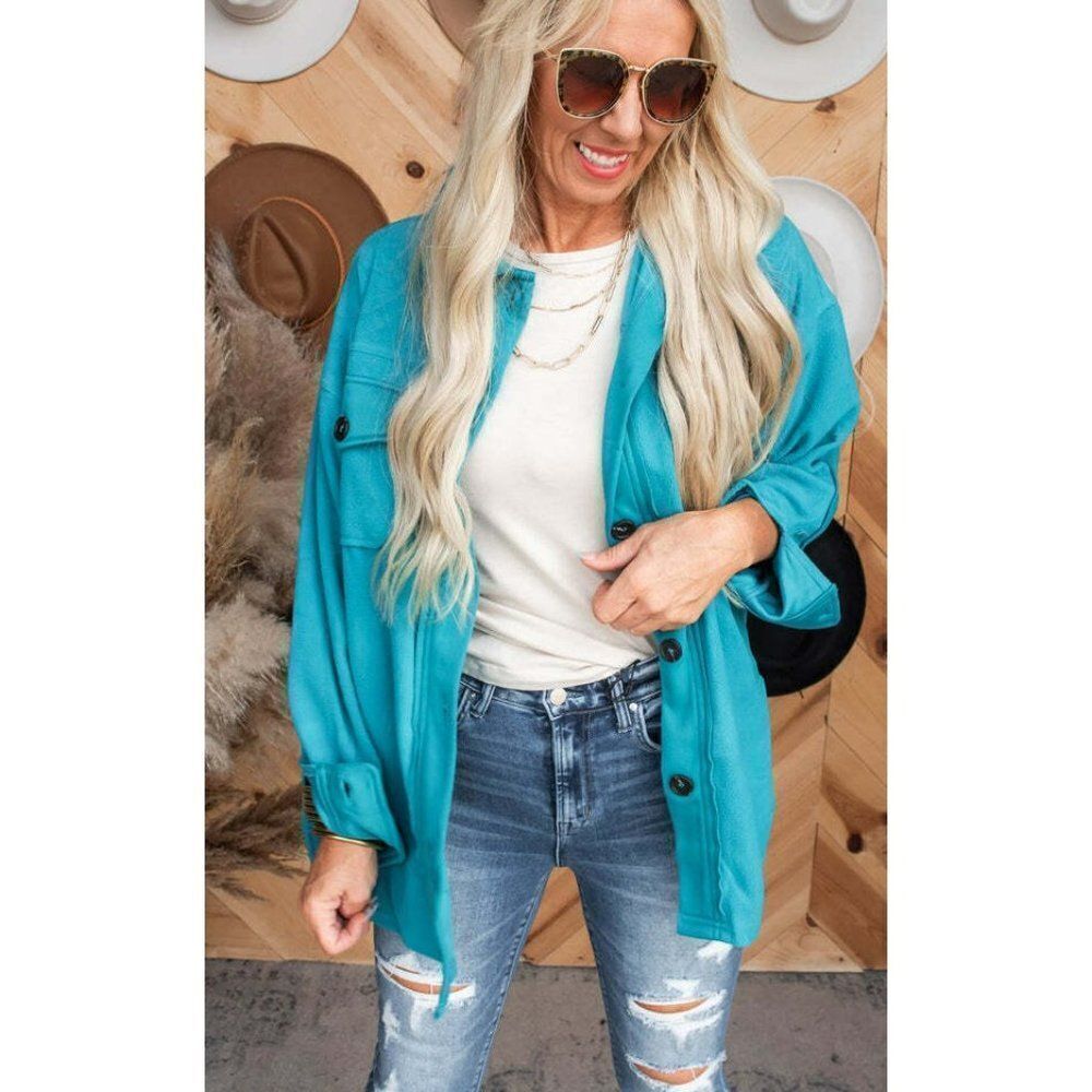 Zenana All About the Fleece Button-Down Shacket in Light Teal S-L QJ-4003D4 - Picture 4 of 10
